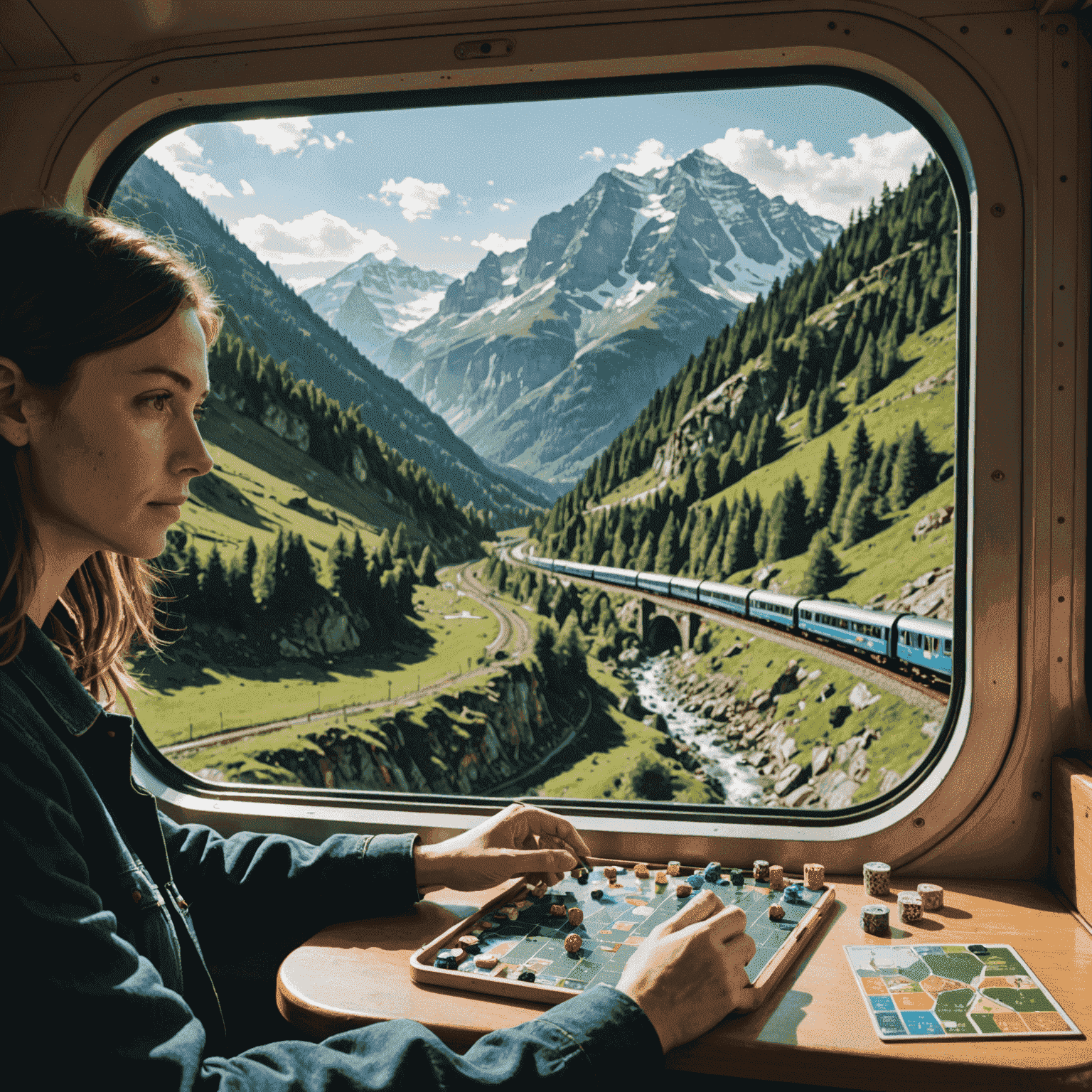 Una persona jugando un juego de mesa compacto mientras viaja en tren, con un paisaje montañoso visible a través de la ventana