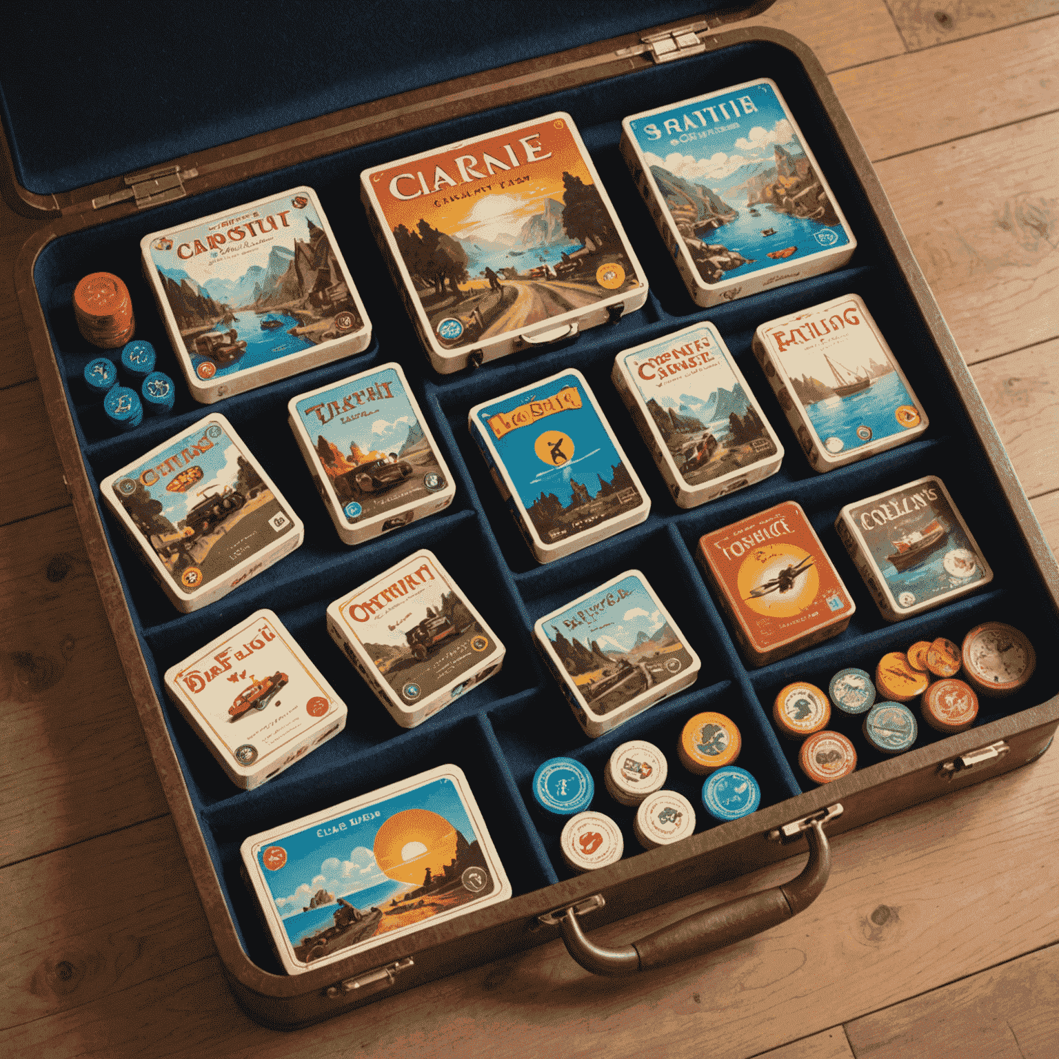 Cinco juegos de mesa compactos dispuestos en una maleta abierta, listos para viajar