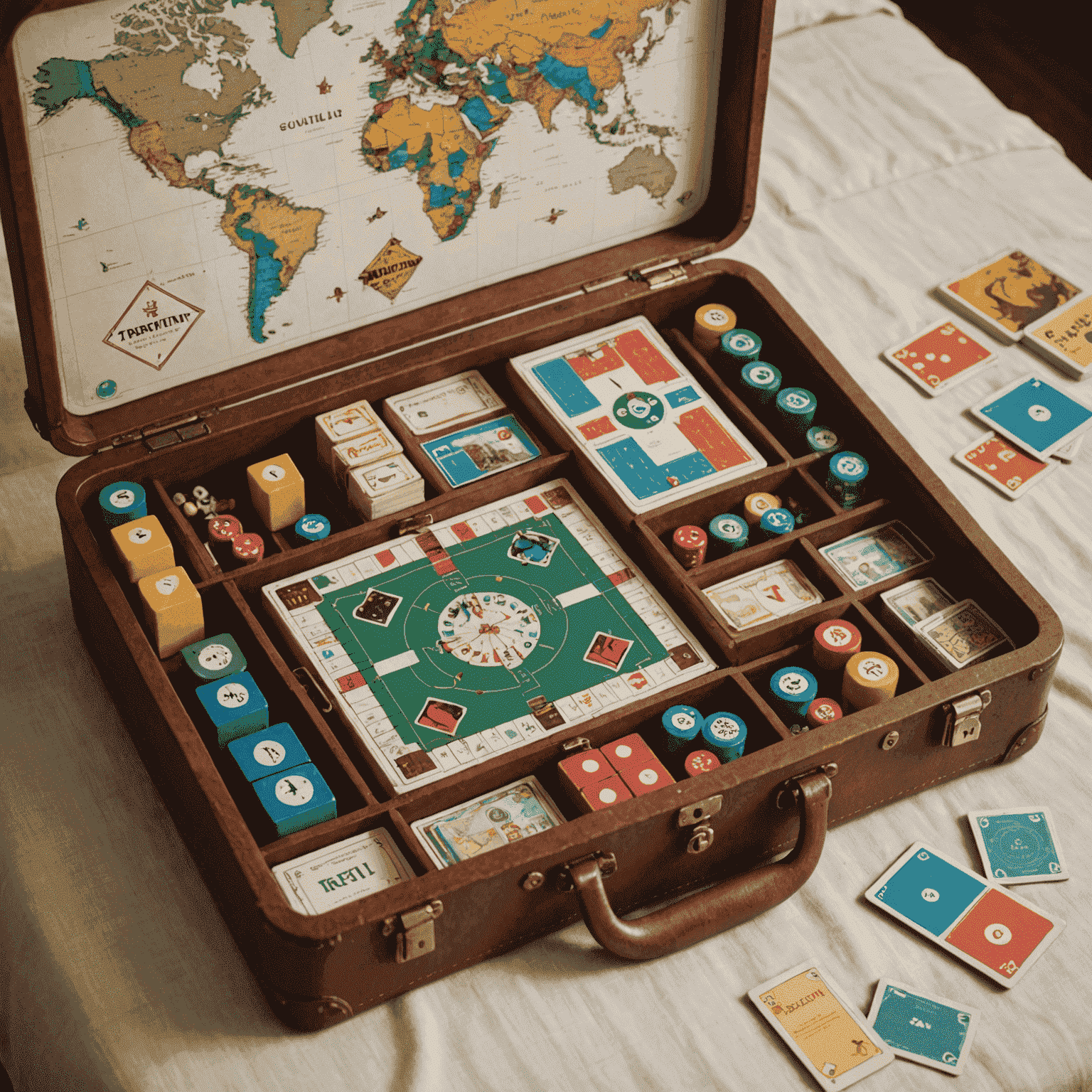 Cinco juegos de mesa compactos dispuestos en una maleta abierta, listos para viajar