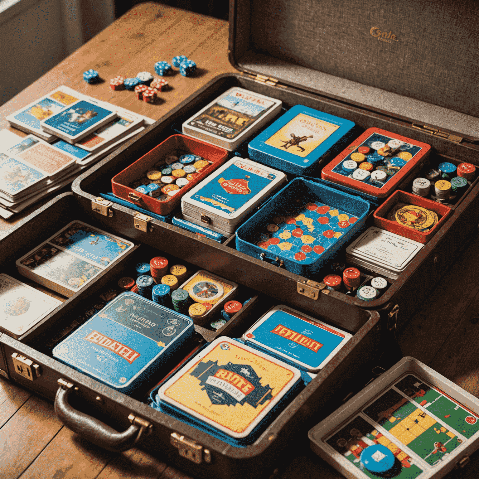 Varios juegos de mesa compactos dispuestos sobre una maleta abierta, listos para ser empacados para un viaje