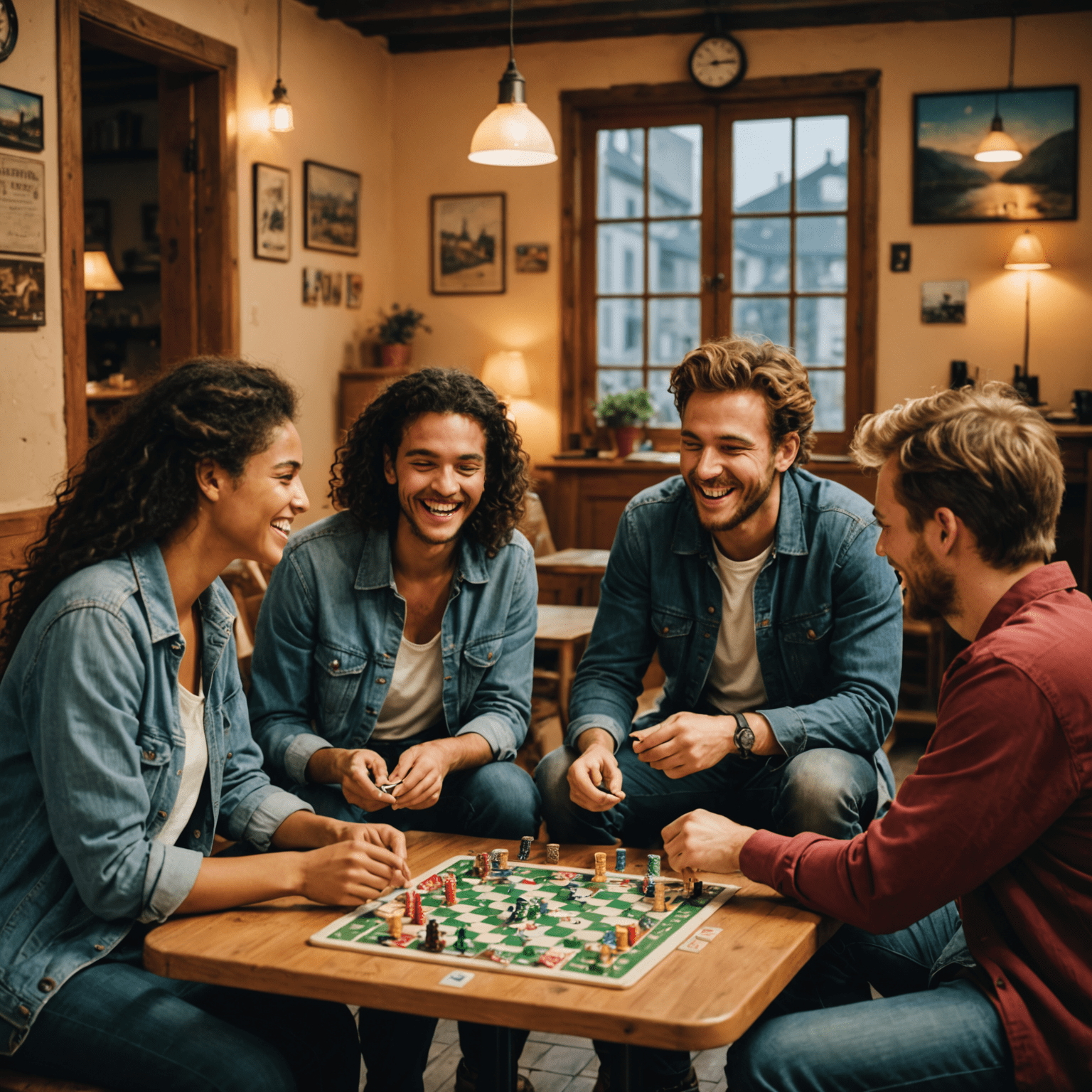 Grupo de viajeros jugando juegos de mesa en un hostal, riendo y disfrutando de la compañía
