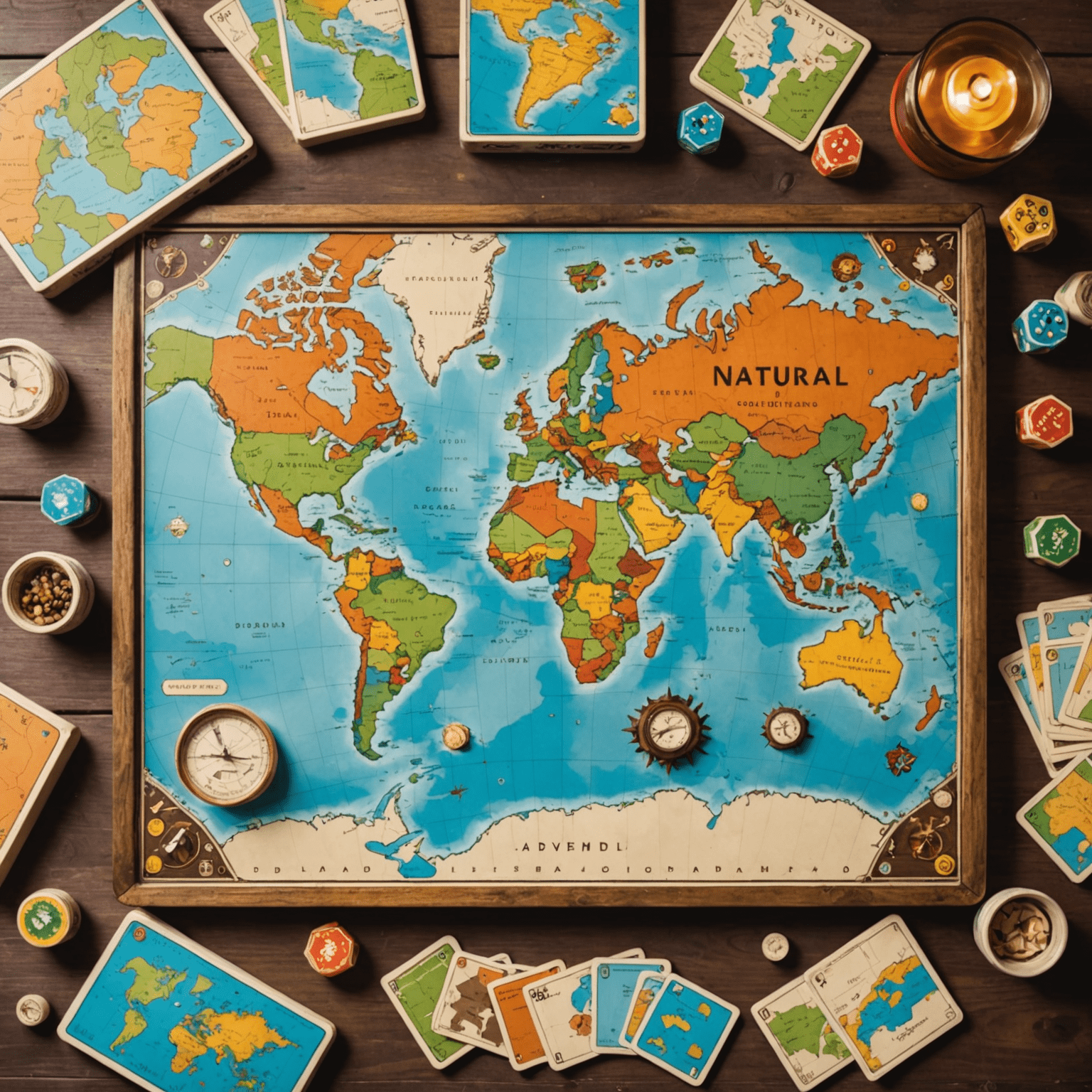 Una colección de juegos de mesa con temática de viajes dispuestos sobre una mesa de madera, con un mapa del mundo como fondo
