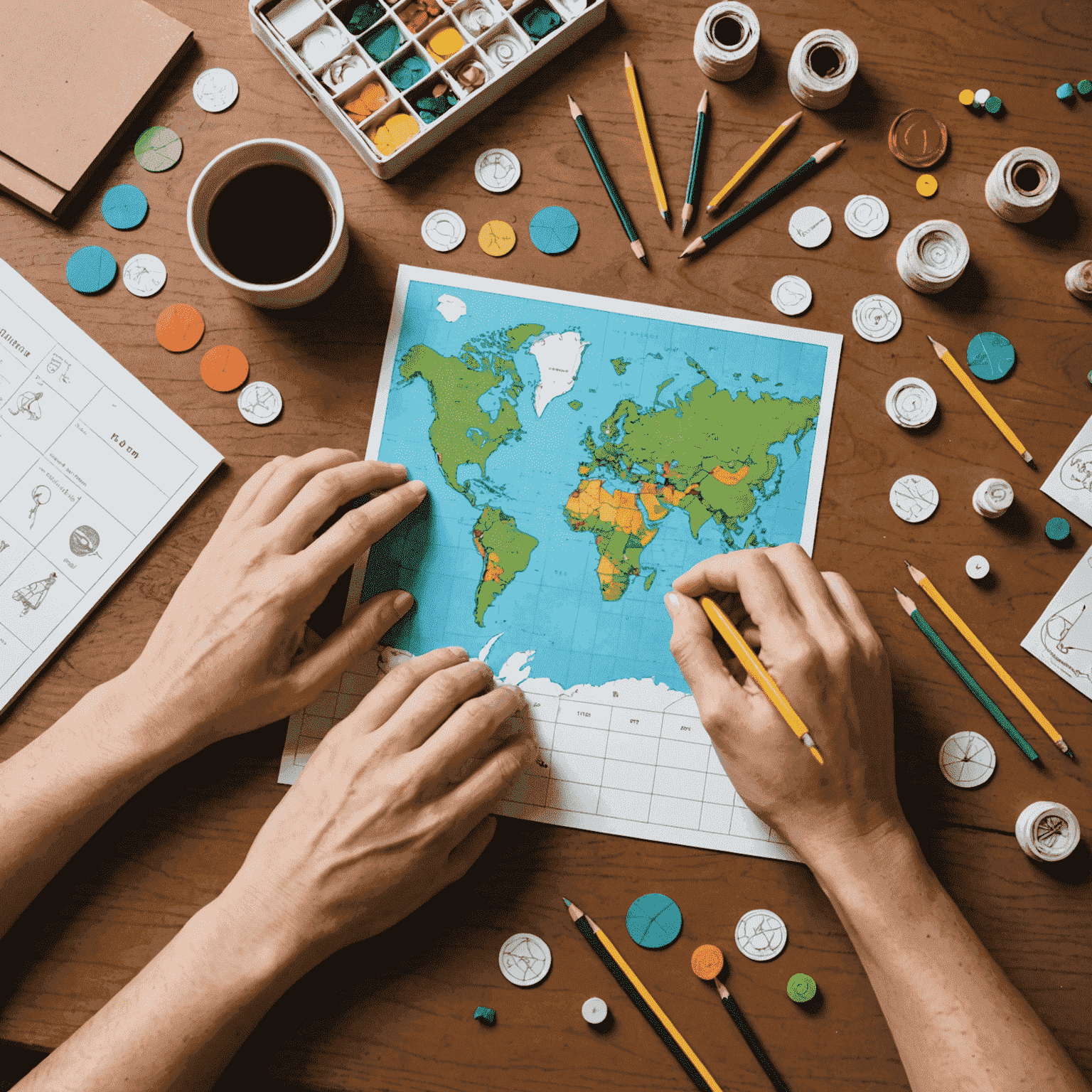 Manos creando un juego de viaje DIY con materiales simples como papel, lápices y fichas pequeñas