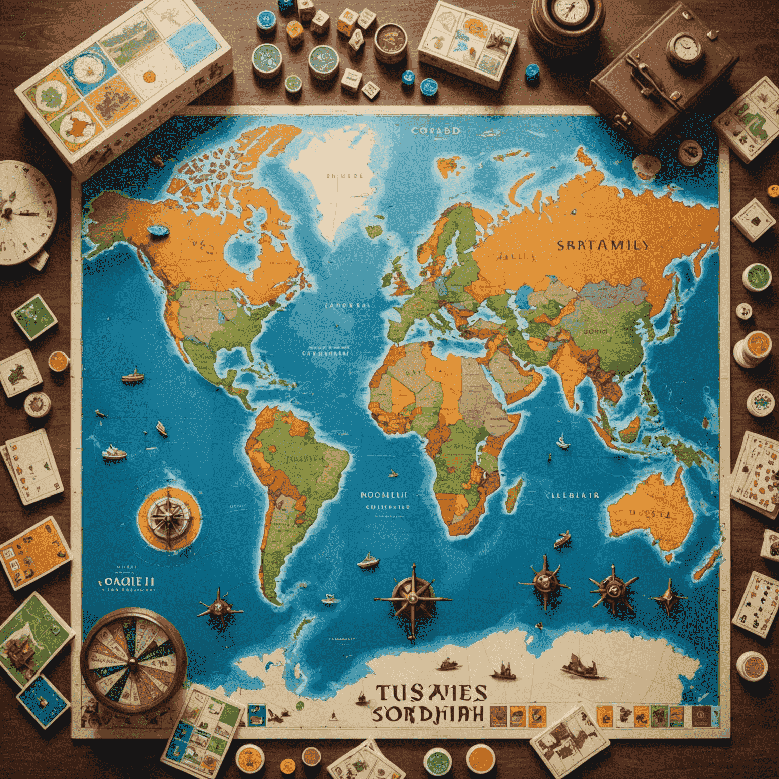 Una colección de juegos de mesa compactos y de viaje dispuestos sobre un mapa del mundo