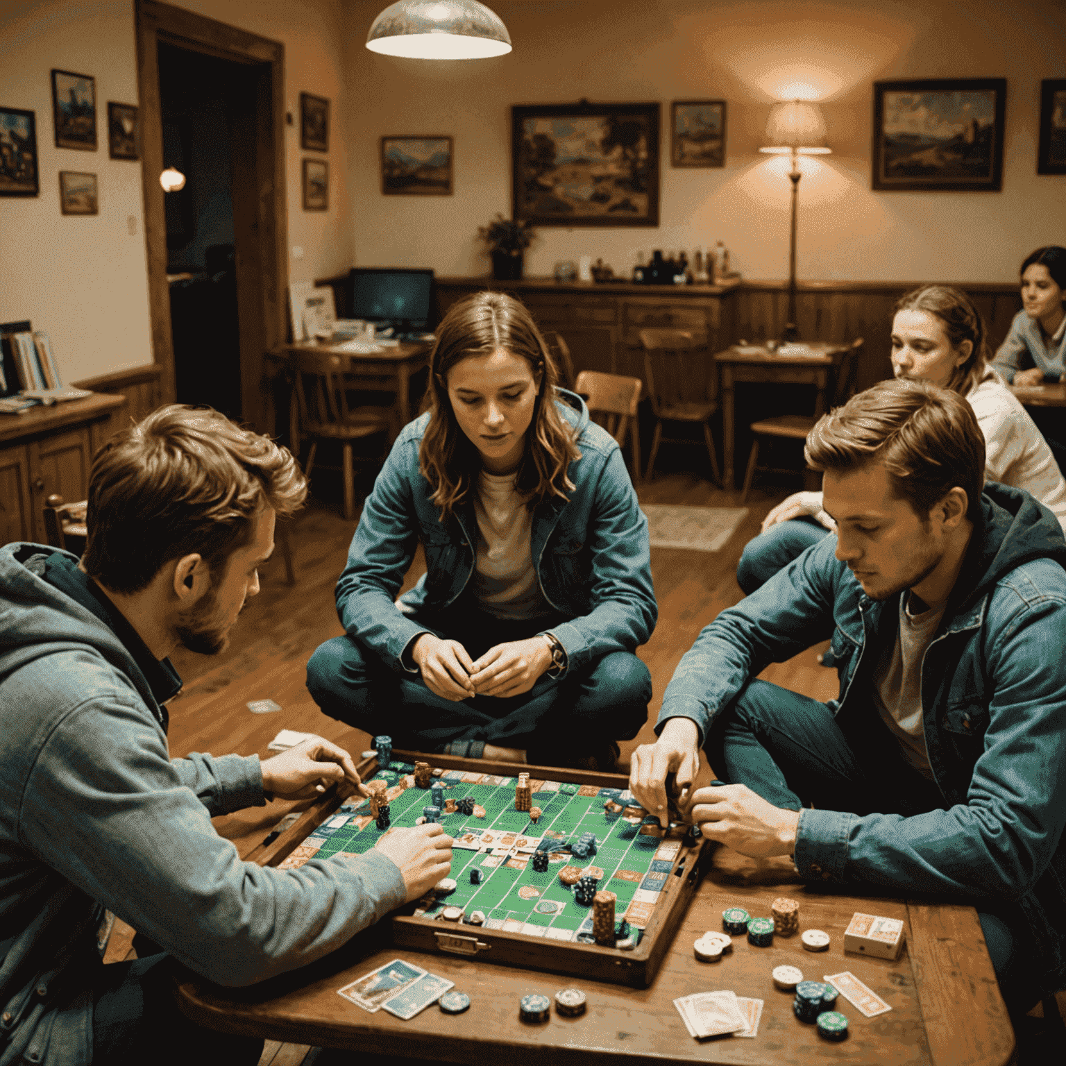 Grupo de viajeros jugando juegos de mesa en la sala común de un hostel