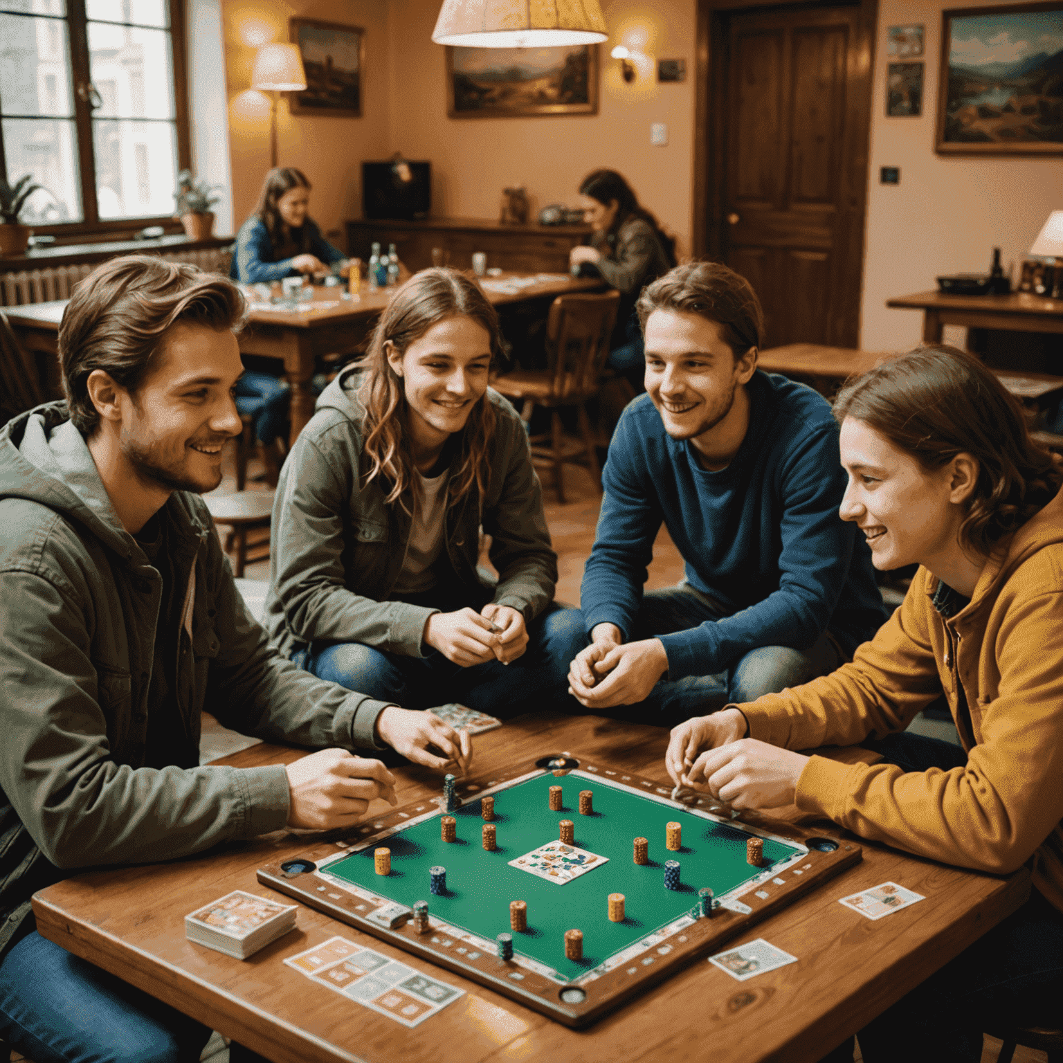 Grupo de viajeros jugando juegos de mesa en la sala común de un hostel