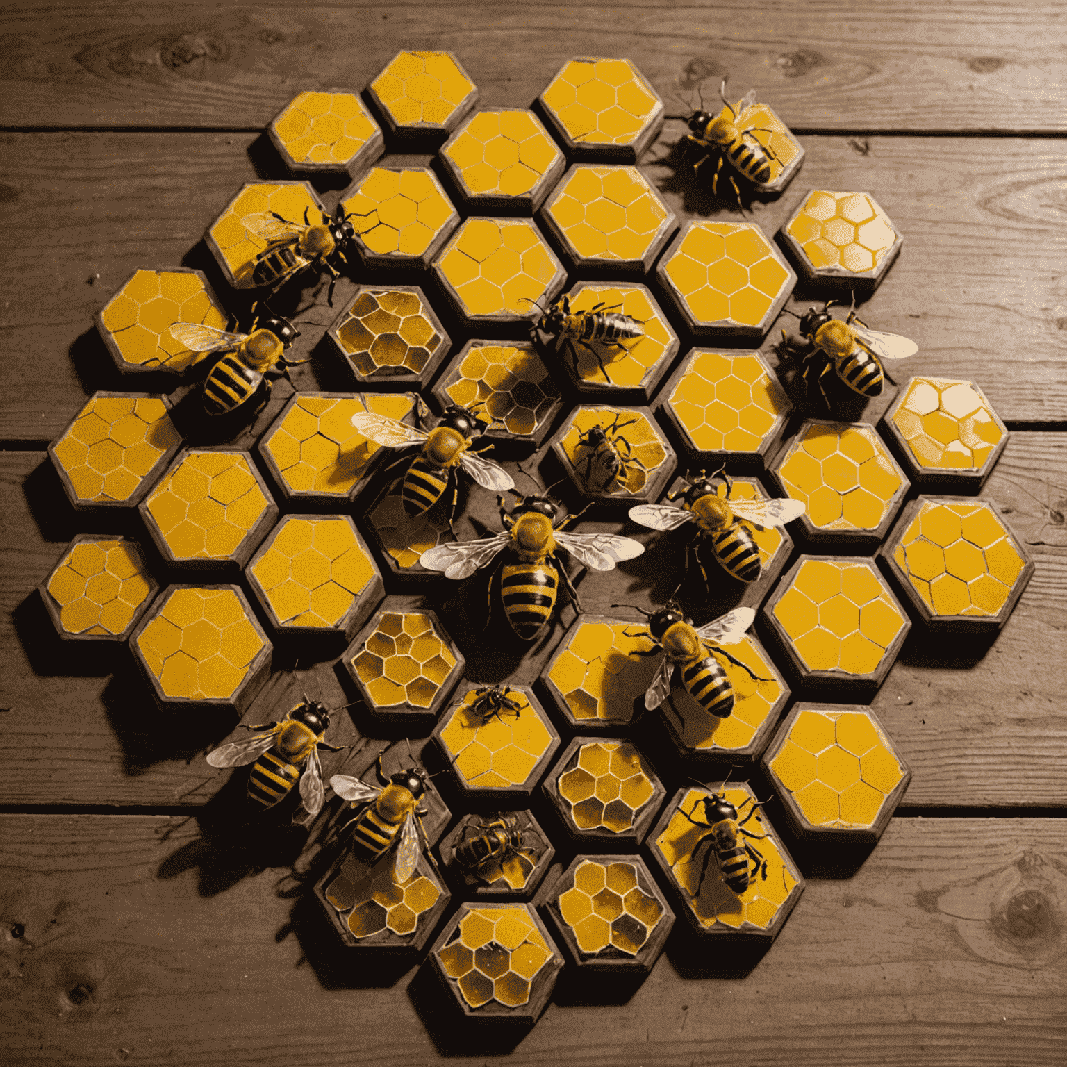 El juego Hive con sus fichas hexagonales de insectos dispuestas sobre una mesa de madera