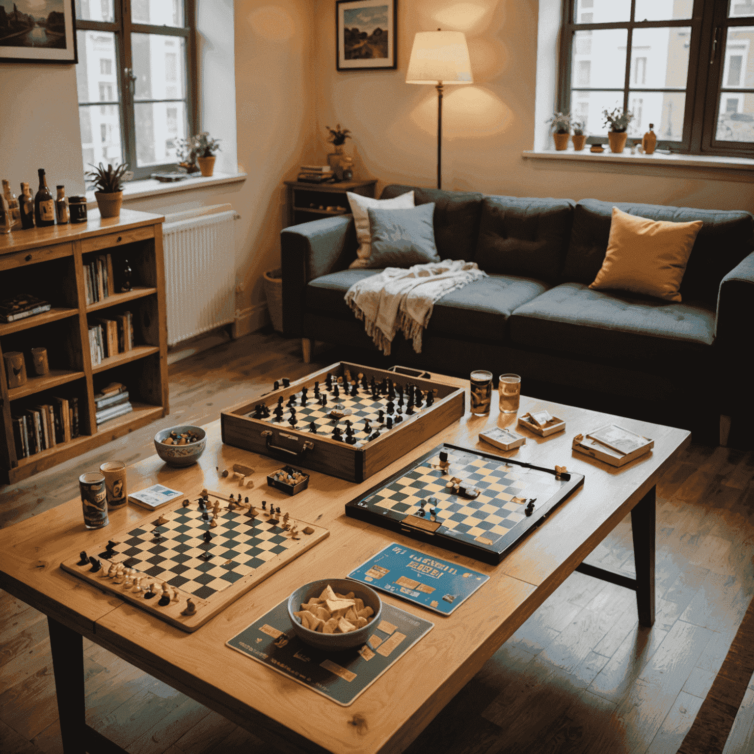 Mesa de juegos preparada en un área común de hostal, con varios juegos de mesa compactos y aperitivos