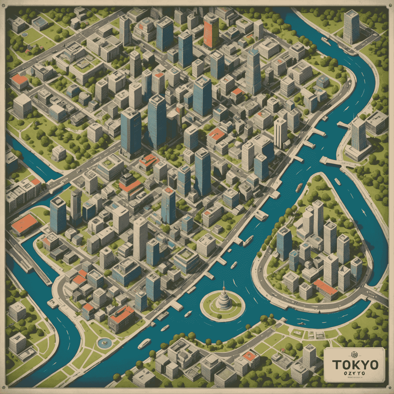 Tablero de juego que representa un mapa estilizado de Tokio con miniaturas de edificios tradicionales y futuristas