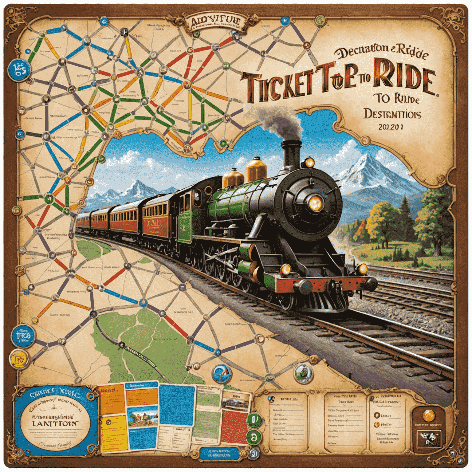 Tablero de Aventureros al Tren con fichas de trenes de colores y cartas de destino