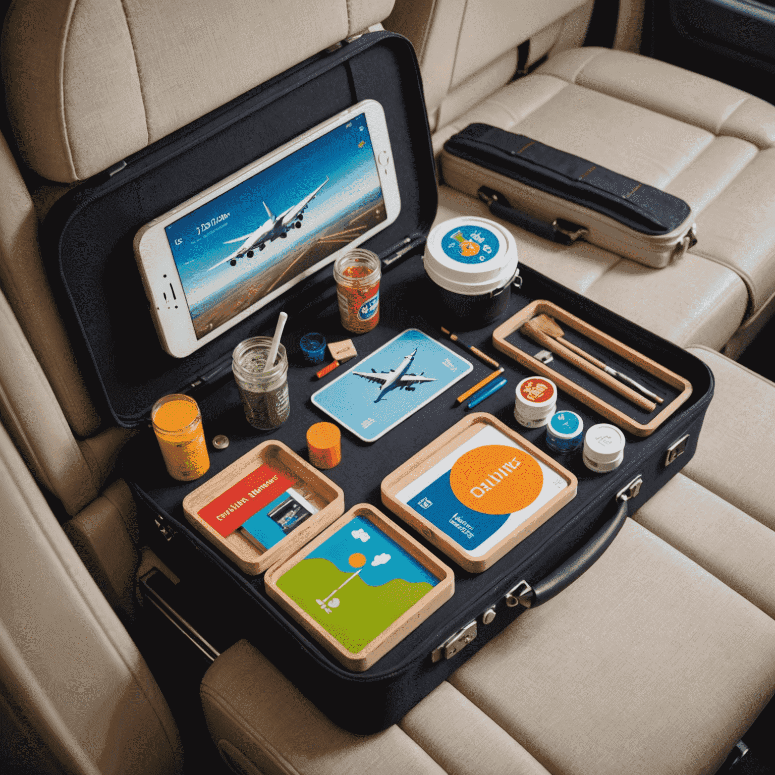 Varios juegos de viaje DIY desplegados sobre una mesa de avión, mostrando su tamaño compacto y versatilidad
