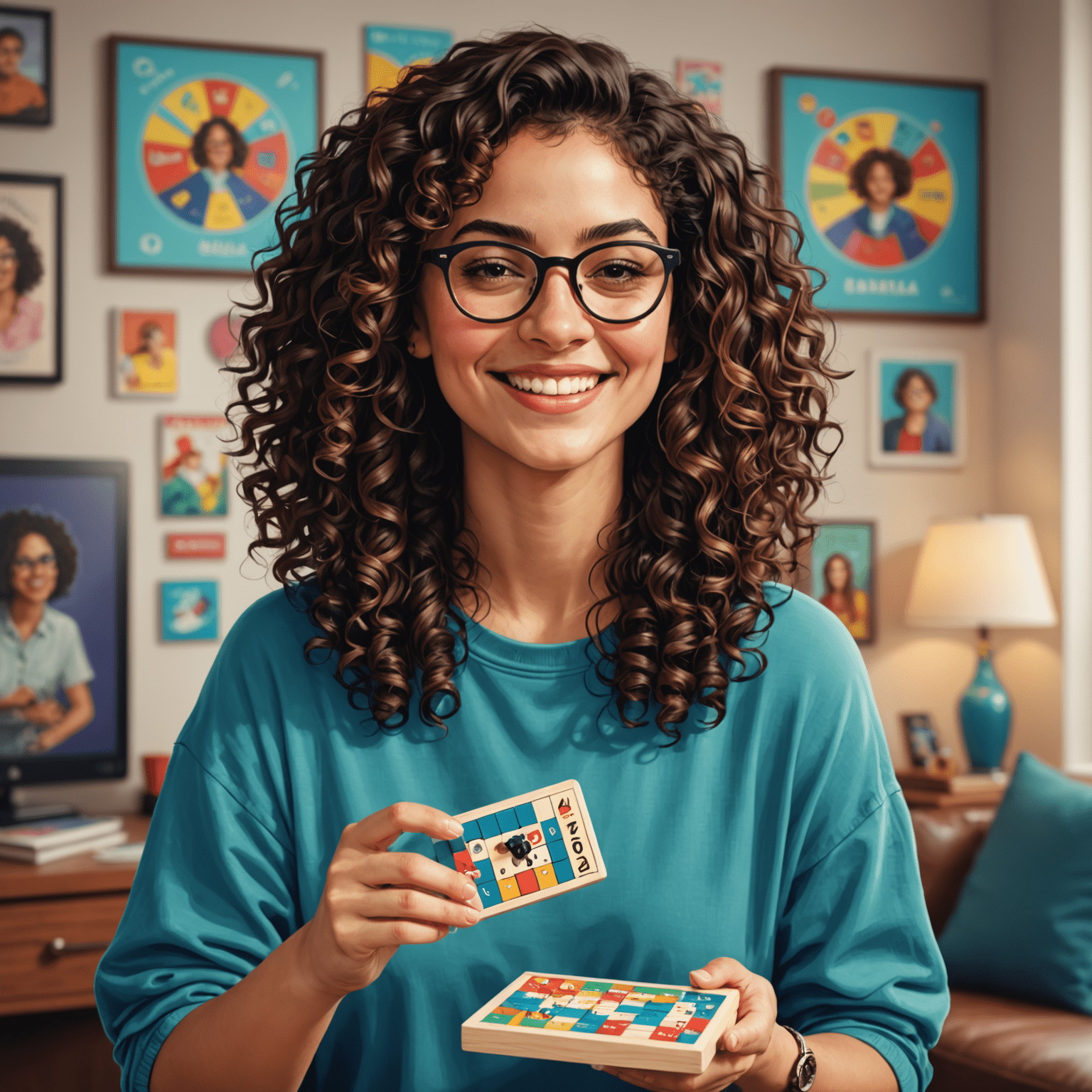 Foto de María González, una mujer joven sonriente con gafas y pelo rizado, sosteniendo un juego de mesa compacto