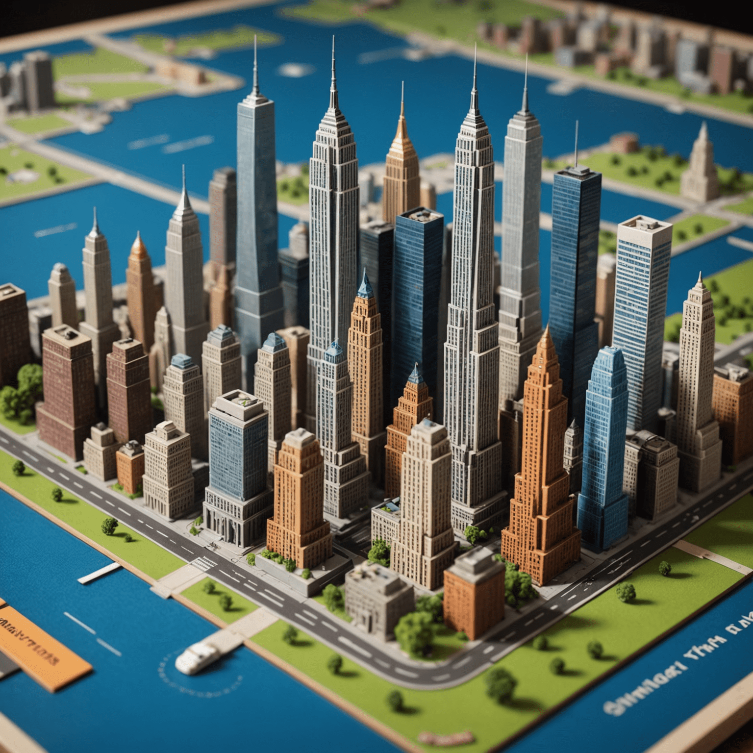 Componentes del juego que incluyen miniaturas de rascacielos famosos de Nueva York y un tablero que representa el mapa de Manhattan