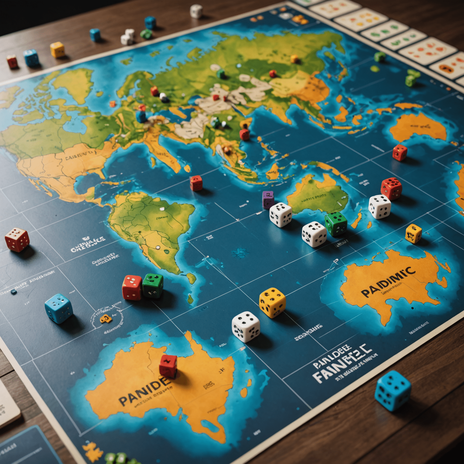 Tablero de Pandemic mostrando un mapa mundial con cubos de enfermedades y fichas de jugadores