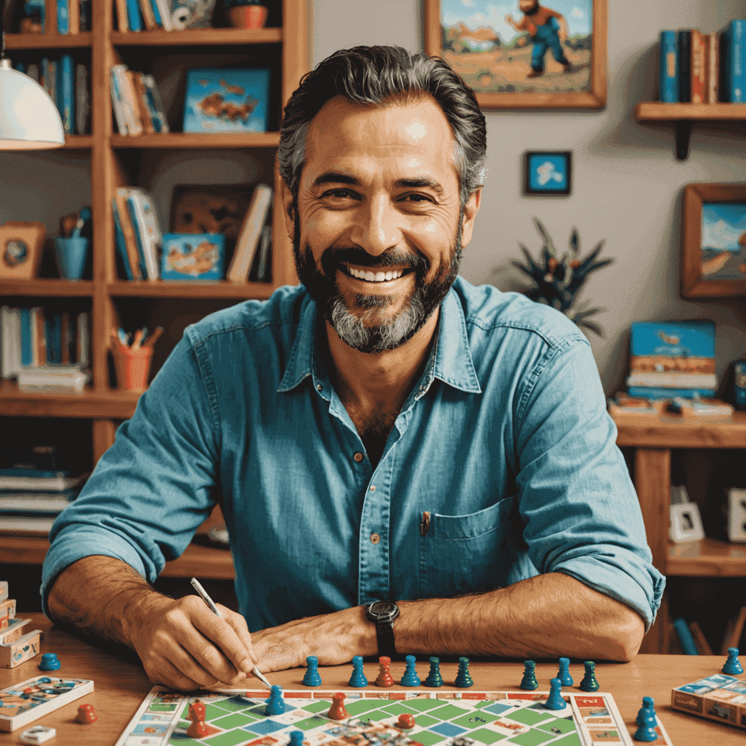 Foto de Carlos Rodríguez, un hombre de mediana edad con barba, sonriendo mientras organiza varios juegos de mesa compactos