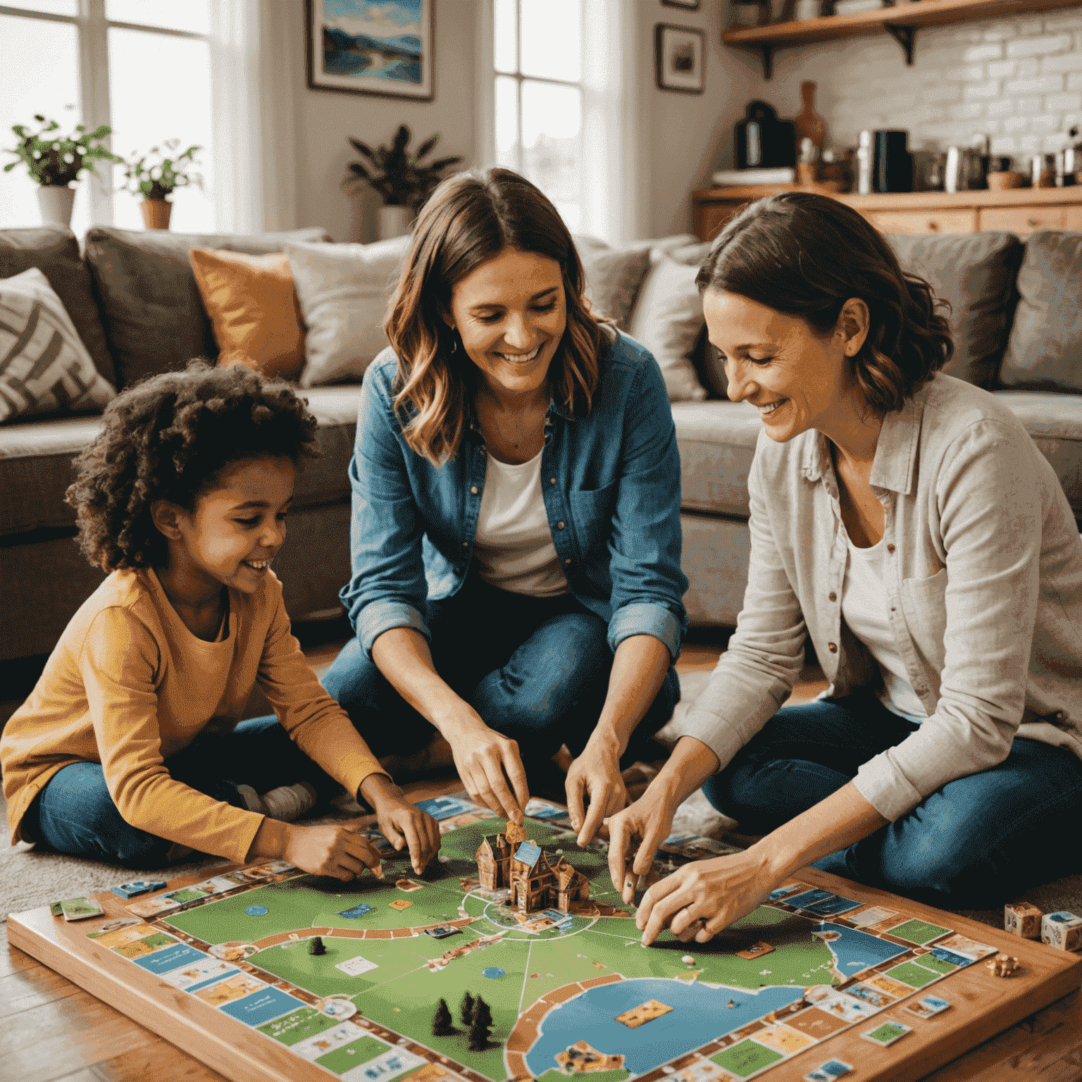 Familia jugando un juego de mesa con tema de viajes en la sala de estar
