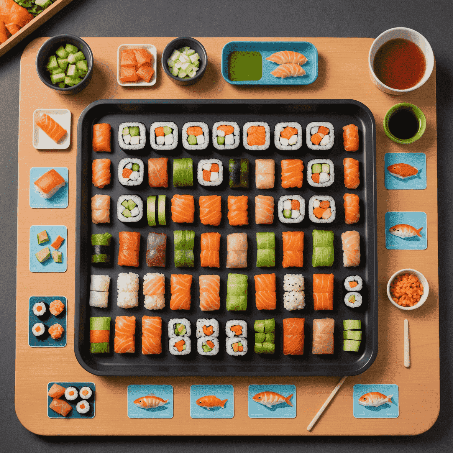 El colorido juego de cartas Sushi Go! desplegado en una bandeja de avión