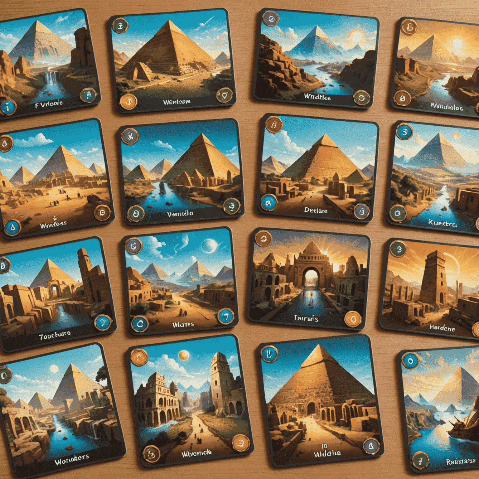 Cartas de 7 Wonders desplegadas mostrando diferentes maravillas y recursos