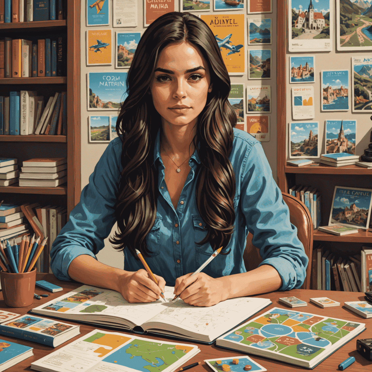 Foto de Ana Martínez, una mujer joven con pelo largo y oscuro, escribiendo en un cuaderno rodeada de guías de viaje y juegos de mesa