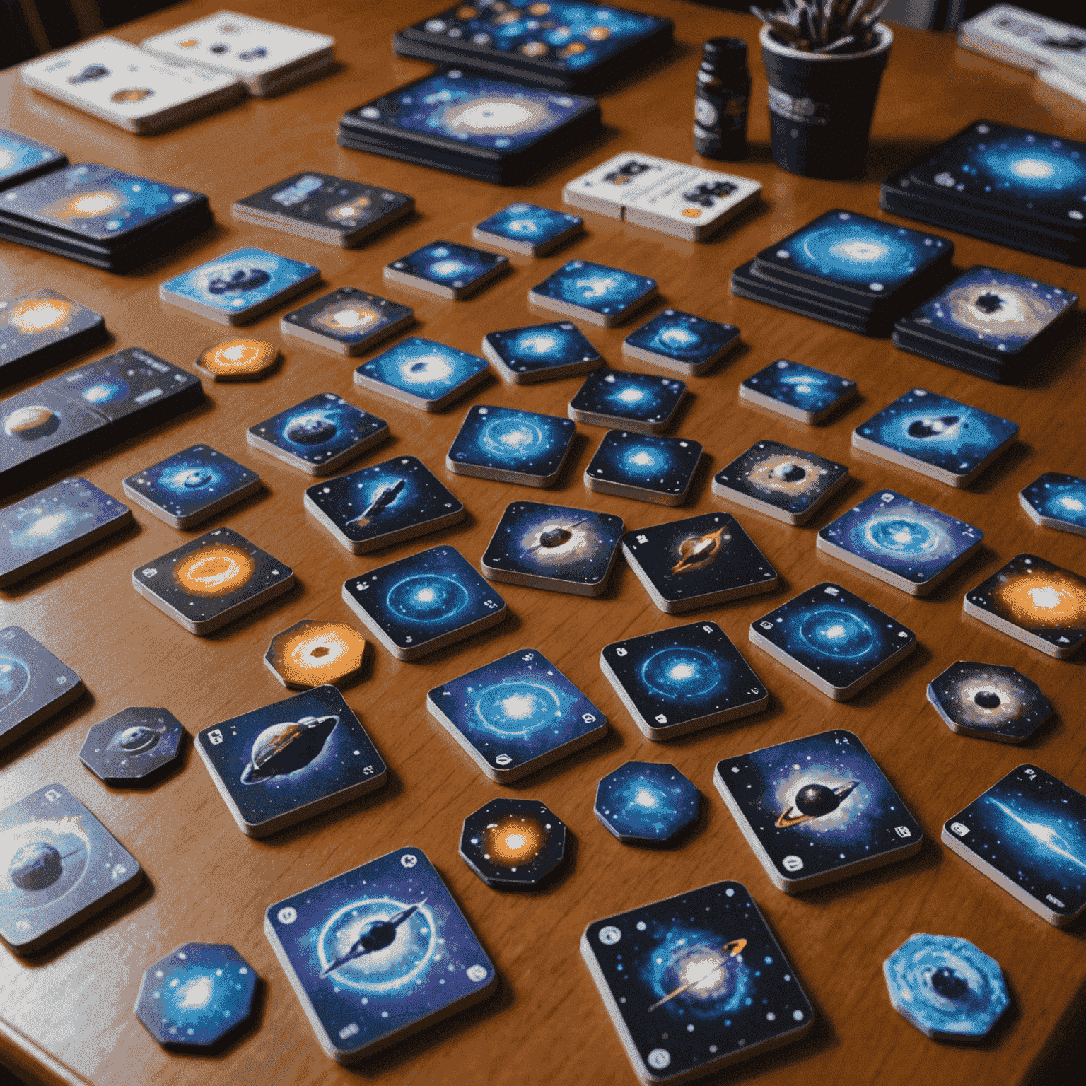 Componentes del juego Tiny Epic Galaxies organizados en una pequeña mesa de hostal