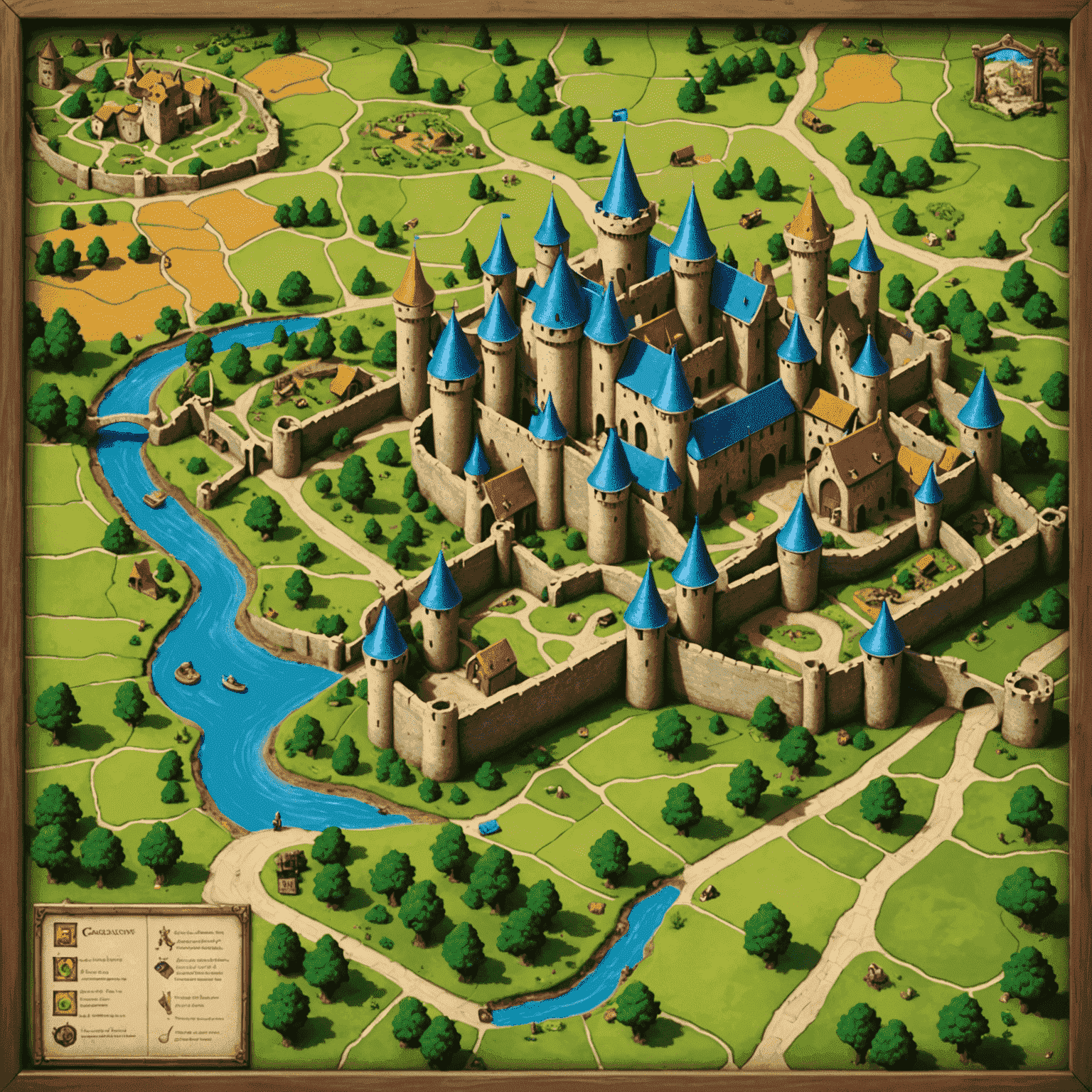 Tablero de Carcassonne en progreso con castillos, caminos y campos formados por losetas