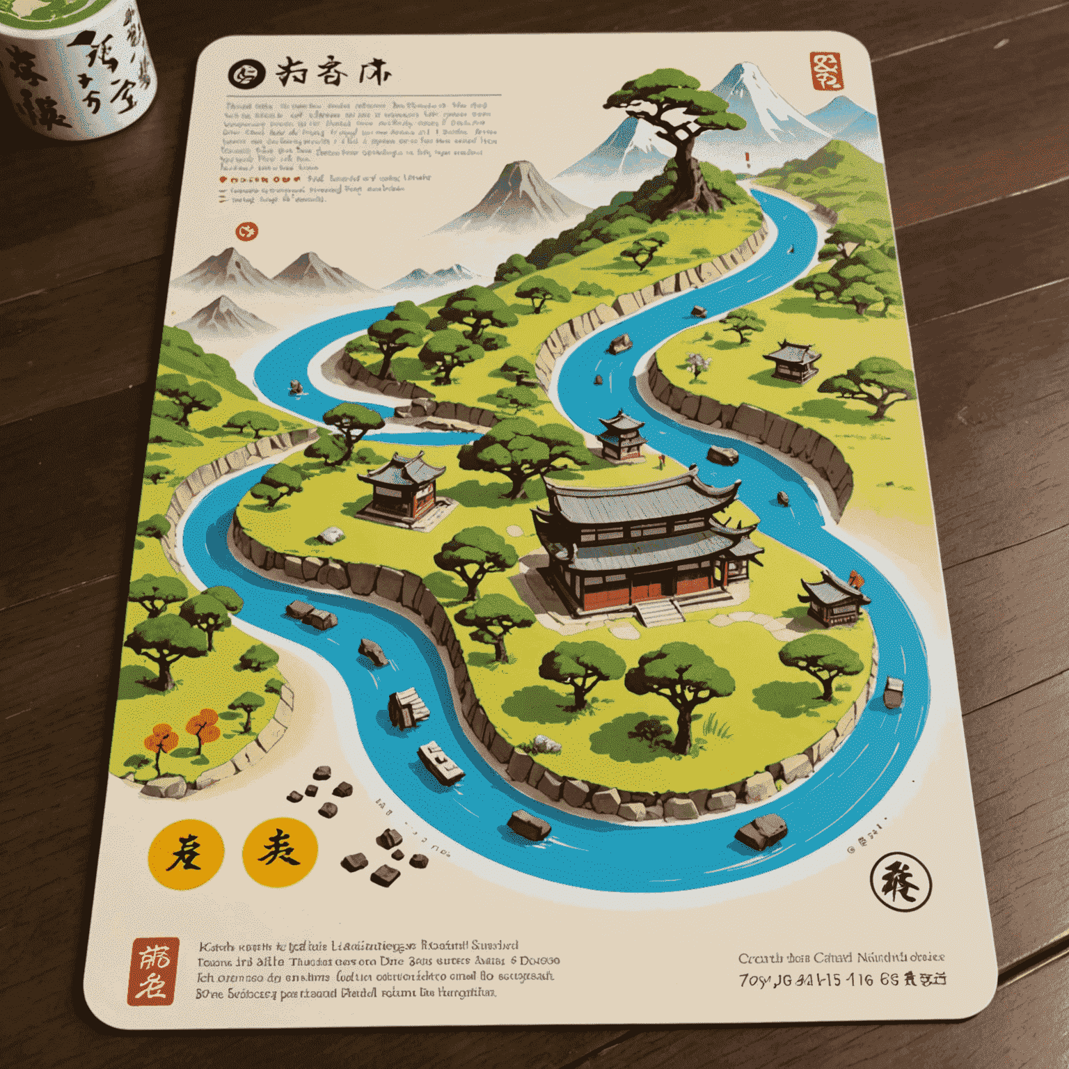 Tablero de Tokaido con fichas de jugadores en un camino serpenteante y cartas de experiencia japonesa